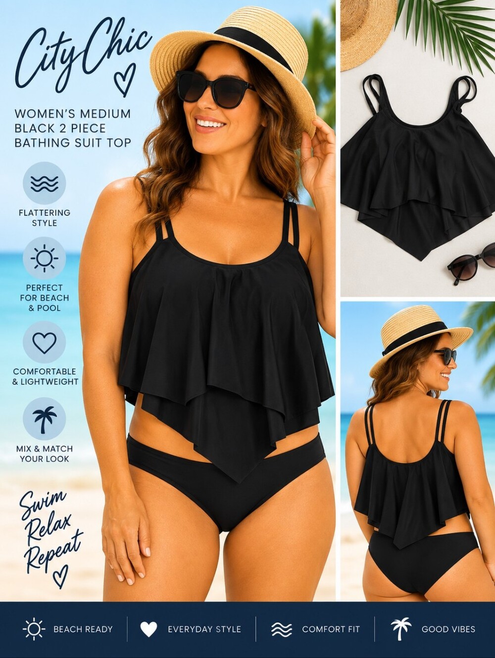 Chic Women's medium black 2 piece bathing suit top #21